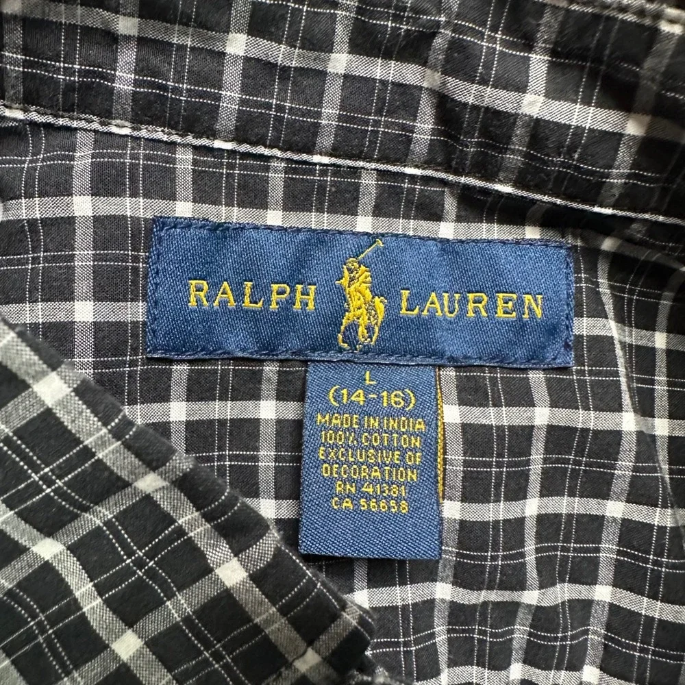 Ralph Lauren Boys Large 14-16 Black White Plaid Button Down Long Sleeve Shirt‎